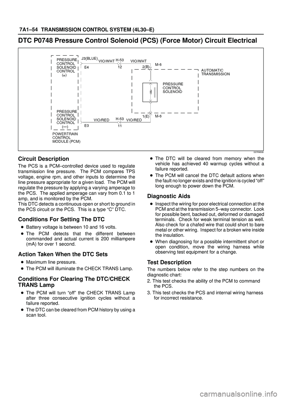 ISUZU TROOPER 1998  Service Repair Manual 7A1±54
TRANSMISSION CONTROL SYSTEM (4L30±E)
DTC P0748 Pressure Control Solenoid (PCS) (Force Motor) Circuit Electrical
D07RW008
Circuit Description
The PCS is a PCM±controlled device used to regula