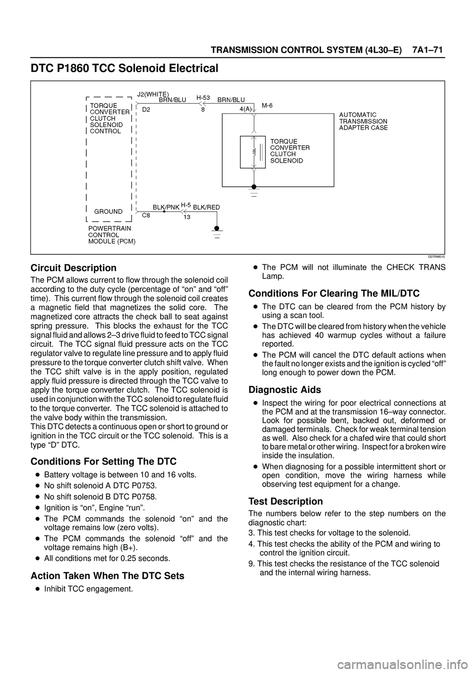 ISUZU TROOPER 1998  Service Repair Manual TRANSMISSION CONTROL SYSTEM (4L30±E)7A1±71
DTC P1860 TCC Solenoid Electrical
D07RW010
Circuit Description
The PCM allows current to flow through the solenoid coil
according to the duty cycle (percen