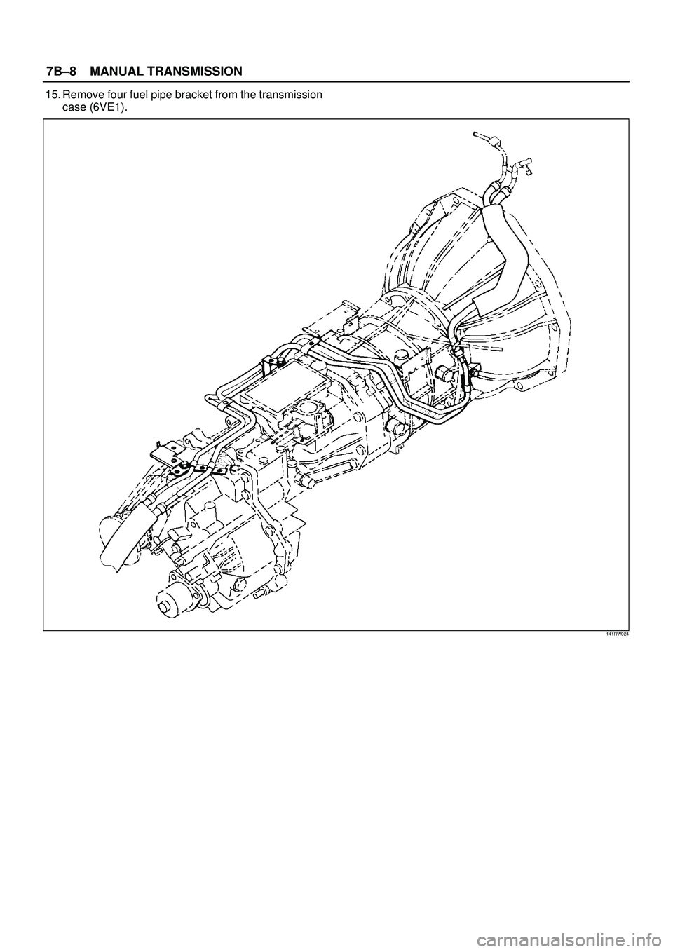 ISUZU TROOPER 1998  Service Repair Manual 7B±8MANUAL TRANSMISSION
15. Remove four fuel pipe bracket from the transmission
case (6VE1).
141RW024 