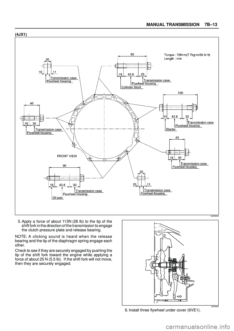 ISUZU TROOPER 1998  Service Repair Manual MANUAL TRANSMISSION7B±13
(4JX1)
225RW020
5. Apply a force of about 113N (26 Ib) to the tip of the
shift fork in the direction of the transmission to engage
the clutch pressure plate and release beari