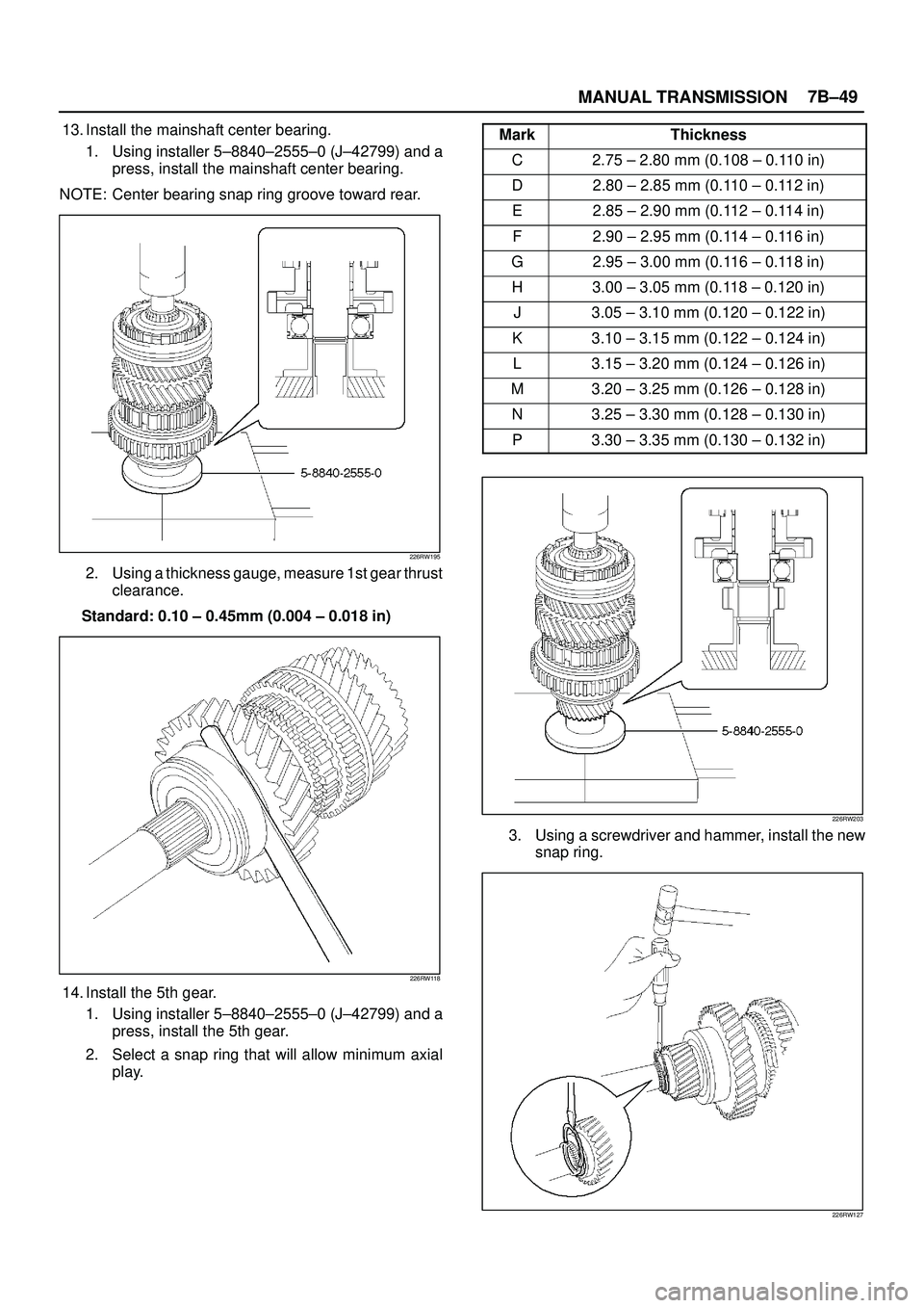 ISUZU TROOPER 1998 Service Repair Manual MANUAL TRANSMISSION7B±49
13. Install the mainshaft center bearing.
1. Using installer 5±8840±2555±0 (J±42799) and a
press, install the mainshaft center bearing.
NOTE: Center bearing snap ring gro ISUZU TROOPER 1998 Service Repair Manual MANUAL TRANSMISSION7B±49
13. Install the mainshaft center bearing.
1. Using installer 5±8840±2555±0 (J±42799) and a
press, install the mainshaft center bearing.
NOTE: Center bearing snap ring gro