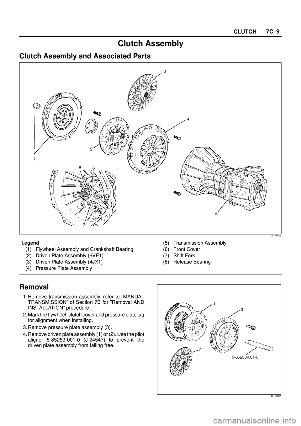 ISUZU TROOPER 1998  Service Repair Manual CLUTCH7C±9
Clutch Assembly
Clutch Assembly and Associated Parts
201RW029
Legend
(1) Flywheel Assembly and Crankshaft Bearing
(2) Driven Plate Assembly (6VE1)
(3) Driven Plate Assembly (4JX1)
(4) Pres