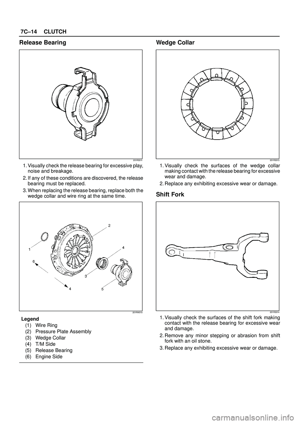 ISUZU TROOPER 1998  Service Repair Manual 7C±14CLUTCH
Release Bearing 
201RS011
1. Visually check the release bearing for excessive play,
noise and breakage.
2. If any of these conditions are discovered, the release
bearing must be replaced.
