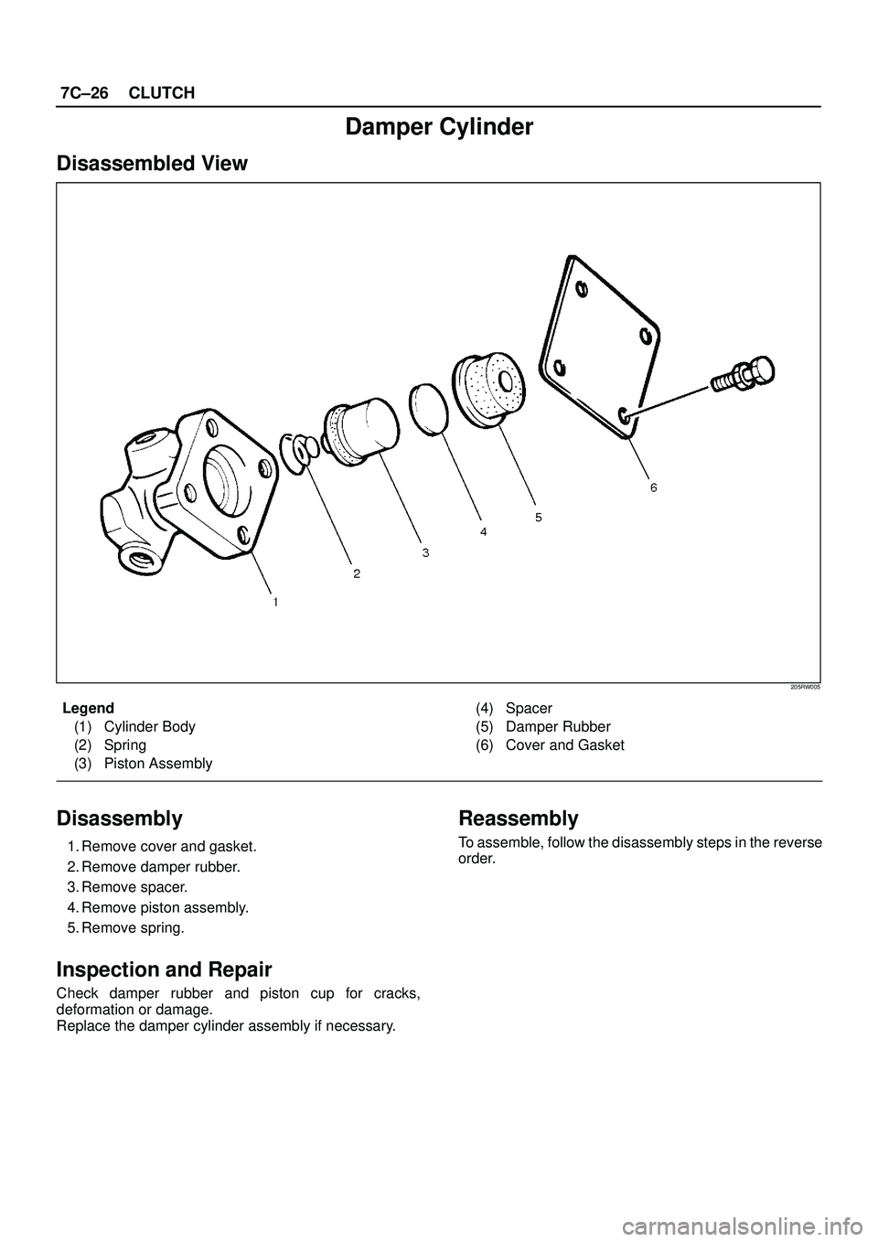 ISUZU TROOPER 1998  Service Repair Manual 7C±26CLUTCH
Damper Cylinder
Disassembled View
205RW005
Legend
(1) Cylinder Body
(2) Spring
(3) Piston Assembly(4) Spacer
(5) Damper Rubber
(6) Cover and Gasket
Disassembly
1. Remove cover and gasket.