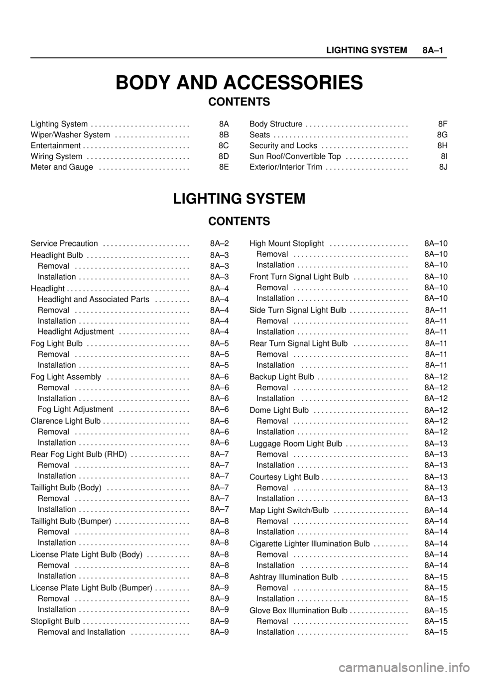 ISUZU TROOPER 1998  Service Repair Manual LIGHTING SYSTEM8A–1
BODY AND ACCESSORIES
CONTENTS
Lighting System 8A. . . . . . . . . . . . . . . . . . . . . . . . . 
Wiper/Washer System 8B. . . . . . . . . . . . . . . . . . . 
Entertainment 8C. 