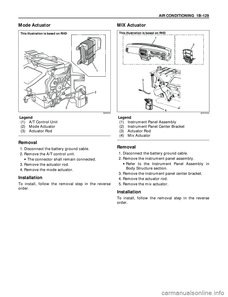 ISUZU TROOPER 1998  Service Repair Manual AIR CONDITIONING  1BÐ129
Mode Actuator
Legend
(1) A/T Control Unit
(2) Mode Actuator
(3) Actuator Rod
Removal
1. Disconnect the battery ground cable.
2. Remove the A/T control unit.
·The connector s