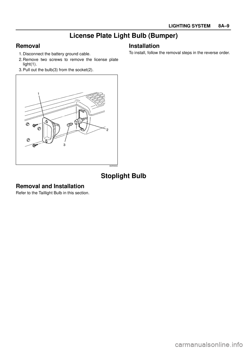 ISUZU TROOPER 1998  Service Repair Manual LIGHTING SYSTEM8A–9
License Plate Light Bulb (Bumper)
Removal
1. Disconnect the battery ground cable.
2. Remove two screws to remove the license plate
light(1).
3. Pull out the bulb(3) from the sock