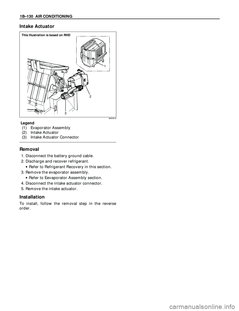 ISUZU TROOPER 1998  Service Repair Manual 1BÐ130 AIR CONDITIONING
Intake Actuator
Legend
(1) Evaporator Assembly
(2) Intake Actuator
(3) Intake Actuator Connector
Removal
1. Disconnect the battery ground cable.
2. Discharge and recover refri