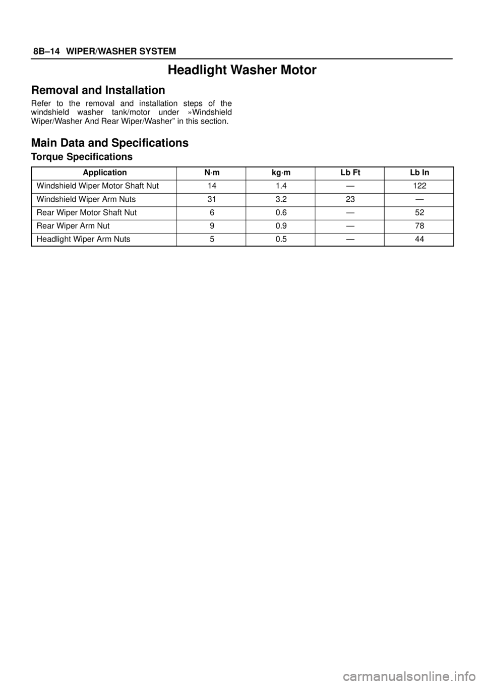 ISUZU TROOPER 1998  Service Repair Manual 8B–14WIPER/WASHER SYSTEM
Headlight Washer Motor
Removal and Installation
Refer to the removal and installation steps of the
windshield washer tank/motor under »Windshield
Wiper/Washer And Rear Wipe