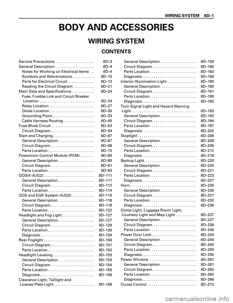 ISUZU TROOPER 1998  Service Manual Online WIRING SYSTEM 8DÐ1
BODY AND ACCESSORIES
WIRING SYSTEM
CONTENTS
Service Precautions  . . . . . . . . . . . . . . . . . . .  8DÐ3 
General Description  . . . . . . . . . . . . . . . . . . .  8DÐ4Note