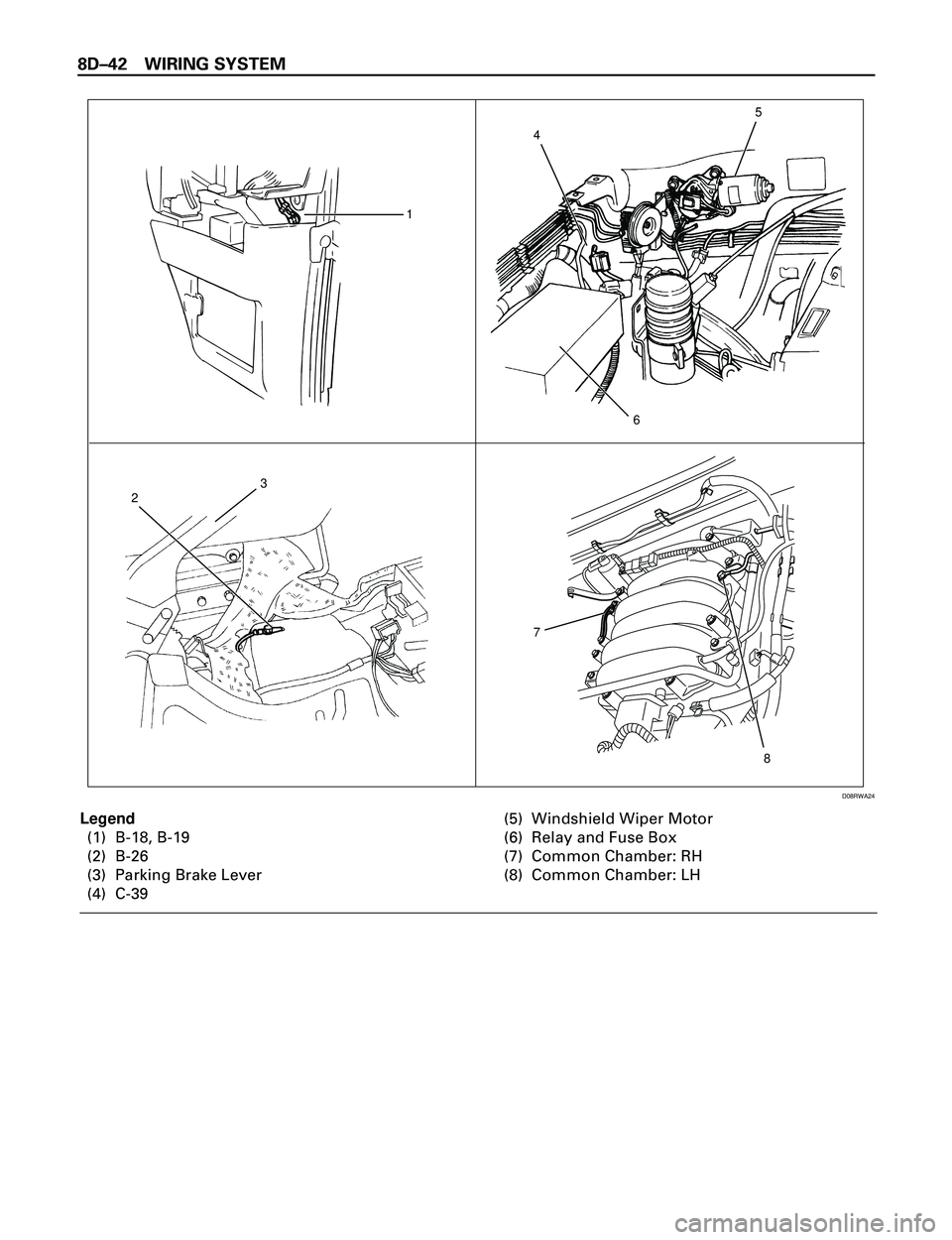 ISUZU TROOPER 1998 Service Repair Manual 8DÐ42 WIRING SYSTEM
145
6
7
8 23
D08RWA24
Legend
(1) B-18, B-19
(2) B-26
(3) Parking Brake Lever
(4) C-39(5) Windshield Wiper Motor
(6) Relay and Fuse Box
(7) Common Chamber: RH
(8) Common Chamber: L ISUZU TROOPER 1998 Service Repair Manual 8DÐ42 WIRING SYSTEM
145
6
7
8 23
D08RWA24
Legend
(1) B-18, B-19
(2) B-26
(3) Parking Brake Lever
(4) C-39(5) Windshield Wiper Motor
(6) Relay and Fuse Box
(7) Common Chamber: RH
(8) Common Chamber: L