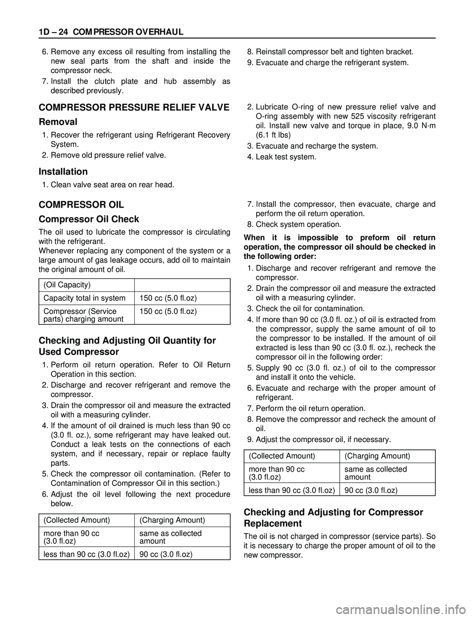 ISUZU TROOPER 1998  Service User Guide 1D Ð 24 COMPRESSOR OVERHAUL
6. Remove any excess oil resulting from installing the
new seal parts from the shaft and inside the
compressor neck.
7. Install the clutch plate and hub assembly as
descri