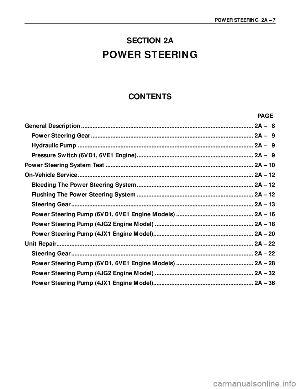 ISUZU TROOPER 1998 Service Repair Manual POWER STEERING 2A – 7
SECTION 2A
POWER STEERING
CONTENTS
PAGE
General Description ......................................................................................................... 2A – 8
ISUZU TROOPER 1998 Service Repair Manual POWER STEERING 2A – 7
SECTION 2A
POWER STEERING
CONTENTS
PAGE
General Description ......................................................................................................... 2A – 8