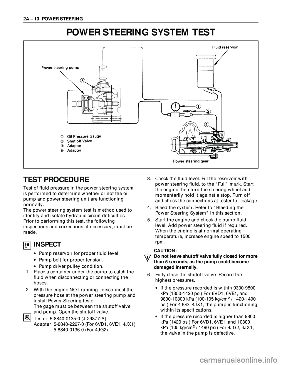 ISUZU TROOPER 1998  Service Repair Manual 2A – 10 POWER STEERING
POWER STEERING SYSTEM TEST
TEST PROCEDURE
Test of fluid pressure in the power steering system
is performed to determine whether or not the oil
pump and power steering unit are