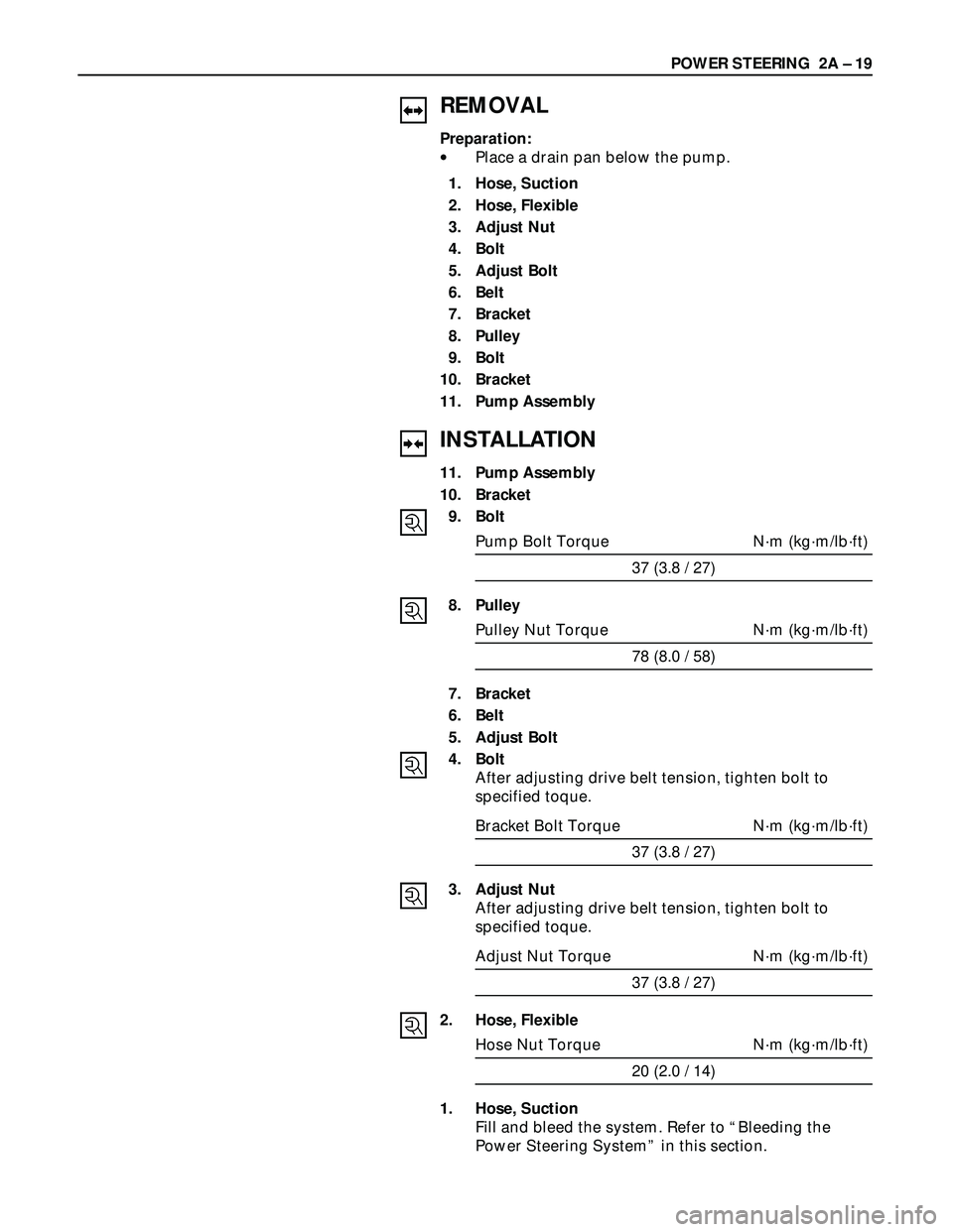 ISUZU TROOPER 1998  Service Repair Manual REMOVAL
Preparation:
•Place a drain pan below the pump.
1. Hose, Suction
2. Hose, Flexible
3. Adjust Nut
4. Bolt
5. Adjust Bolt
6. Belt
7. Bracket
8. Pulley
9. Bolt
10. Bracket
11. Pump Assembly
INS