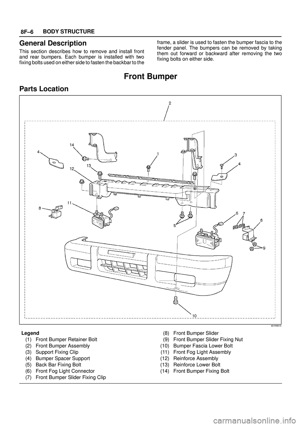 ISUZU TROOPER 1998  Service Repair Manual 8F±6BODY STRUCTURE
General Description
This section describes how to remove and install front
and rear bumpers. Each bumper is installed with two
fixing bolts used on either side to fasten the backba