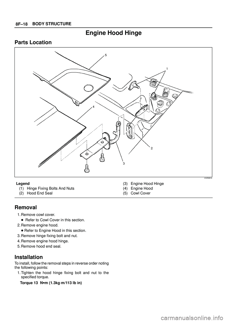 ISUZU TROOPER 1998  Service Repair Manual 8F±18BODY STRUCTURE
Engine Hood Hinge
Parts Location
610RW012
Legend
(1) Hinge Fixing Bolts And Nuts
(2) Hood End Seal(3) Engine Hood Hinge
(4) Engine Hood
(5) Cowl Cover
Removal
1. Remove cowl cover