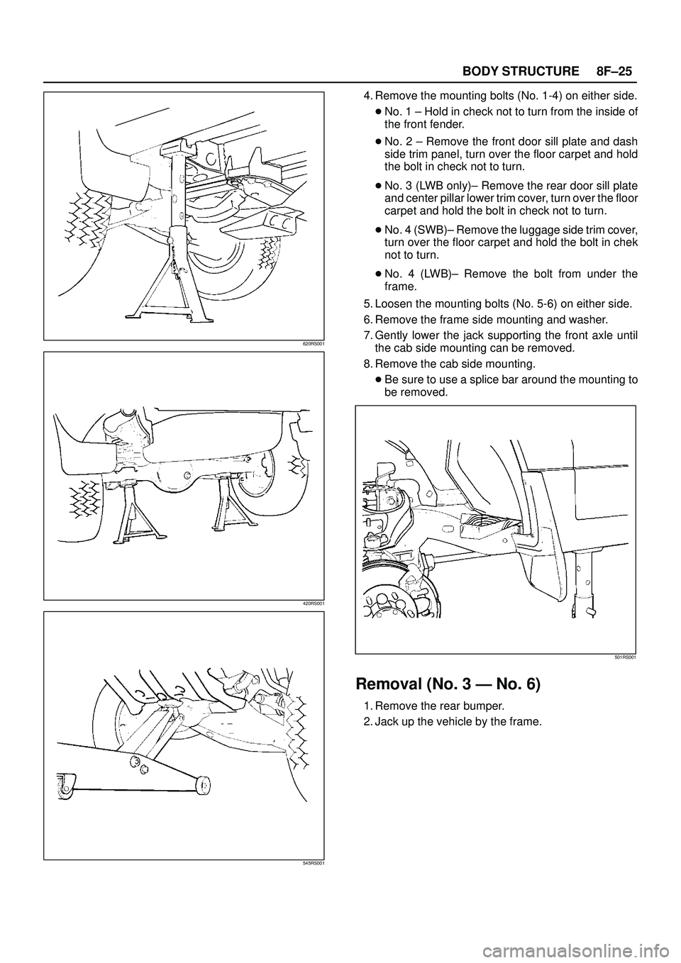 ISUZU TROOPER 1998  Service Repair Manual 8F±25 BODY STRUCTURE
620RS001
420RS001
545RS001
4. Remove the mounting bolts (No. 1-4) on either side.
No. 1 ± Hold in check not to turn from the inside of
the front fender.
No. 2 ± Remove the fr