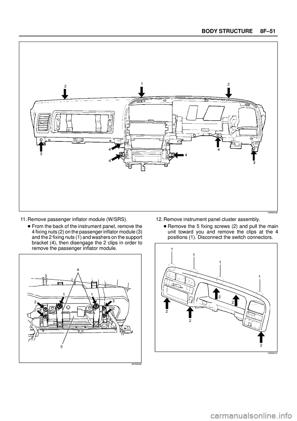 ISUZU TROOPER 1998  Service Repair Manual 8F±51 BODY STRUCTURE
740RW106
11. Remove passenger inflator module (W/SRS).
From the back of the instrument panel, remove the
4 fixing nuts (2) on the passenger inflator module (3)
and the 2 fixing 