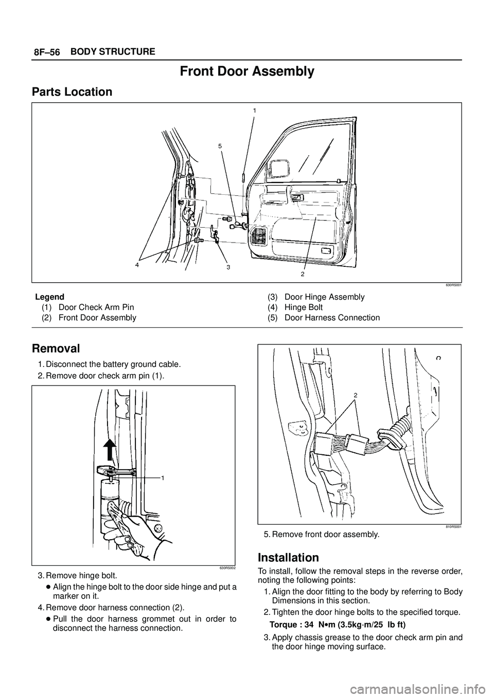ISUZU TROOPER 1998  Service Repair Manual 8F±56BODY STRUCTURE
Front Door Assembly
Parts Location
630RS001
Legend
(1) Door Check Arm Pin
(2) Front Door Assembly(3) Door Hinge Assembly
(4) Hinge Bolt
(5) Door Harness Connection
Removal
1. Disc