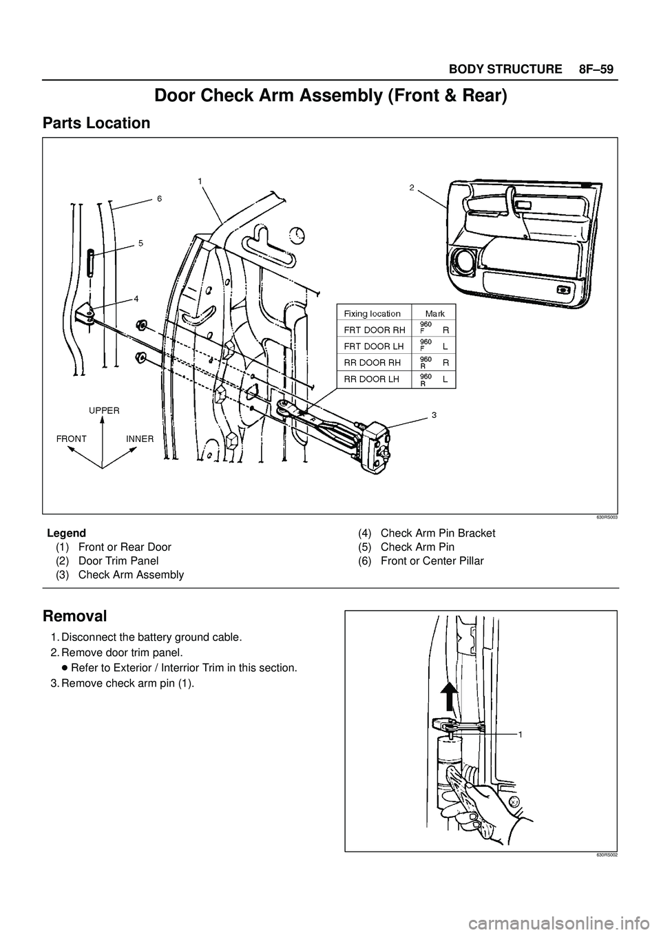 ISUZU TROOPER 1998  Service Repair Manual 8F±59 BODY STRUCTURE
Door Check Arm Assembly (Front & Rear)
Parts Location
630RS003
Legend
(1) Front or Rear Door
(2) Door Trim Panel
(3) Check Arm Assembly(4) Check Arm Pin Bracket
(5) Check Arm Pin