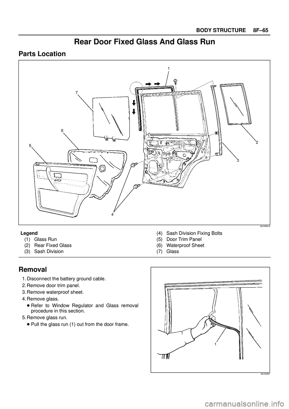 ISUZU TROOPER 1998  Service Repair Manual 8F±65 BODY STRUCTURE
Rear Door Fixed Glass And Glass Run
Parts Location
651RW019
Legend
(1) Glass Run
(2) Rear Fixed Glass
(3) Sash Division(4) Sash Division Fixing Bolts
(5) Door Trim Panel
(6) Wate