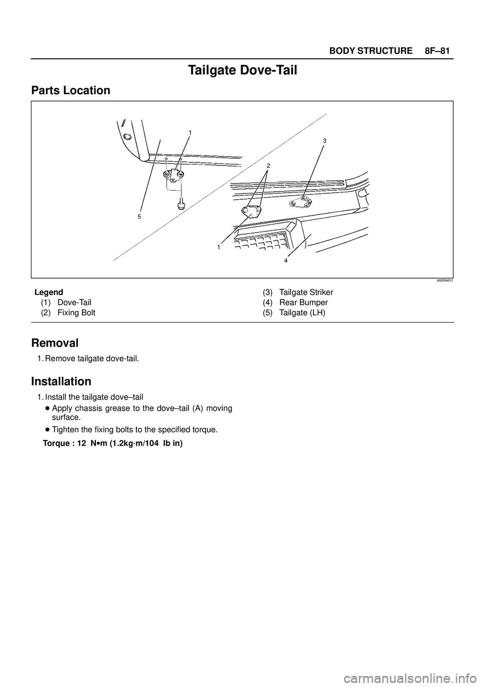 ISUZU TROOPER 1998  Service Repair Manual 8F±81 BODY STRUCTURE
Tailgate Dove-Tail
Parts Location
683RW011
Legend
(1) Dove-Tail
(2) Fixing Bolt(3) Tailgate Striker
(4) Rear Bumper
(5) Tailgate (LH)
Removal
1. Remove tailgate dove-tail.
Instal