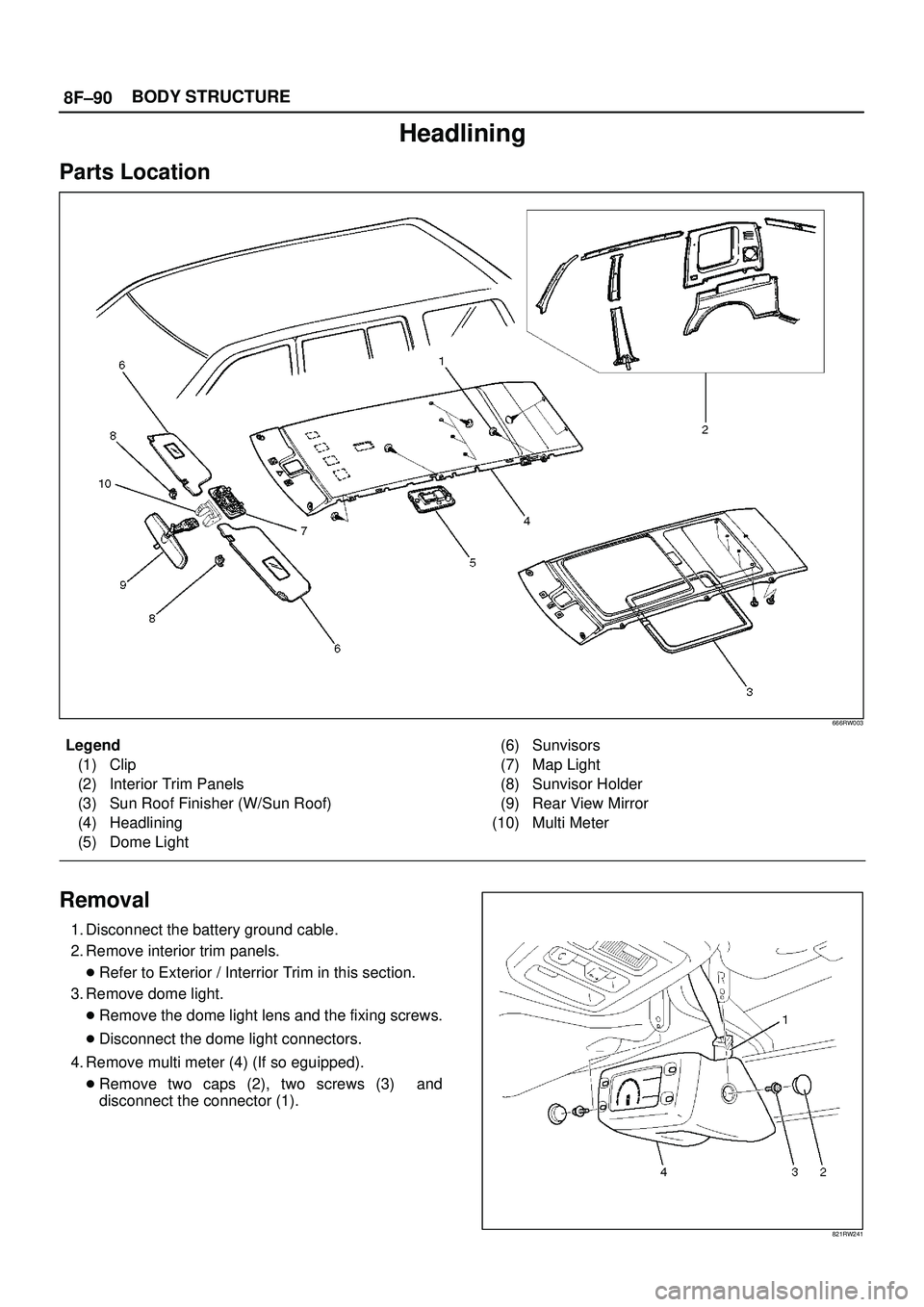 ISUZU TROOPER 1998  Service Repair Manual 8F±90BODY STRUCTURE
Headlining
Parts Location
666RW003
Legend
(1) Clip
(2) Interior Trim Panels
(3) Sun Roof Finisher (W/Sun Roof)
(4) Headlining
(5) Dome Light(6) Sunvisors
(7) Map Light
(8) Sunviso