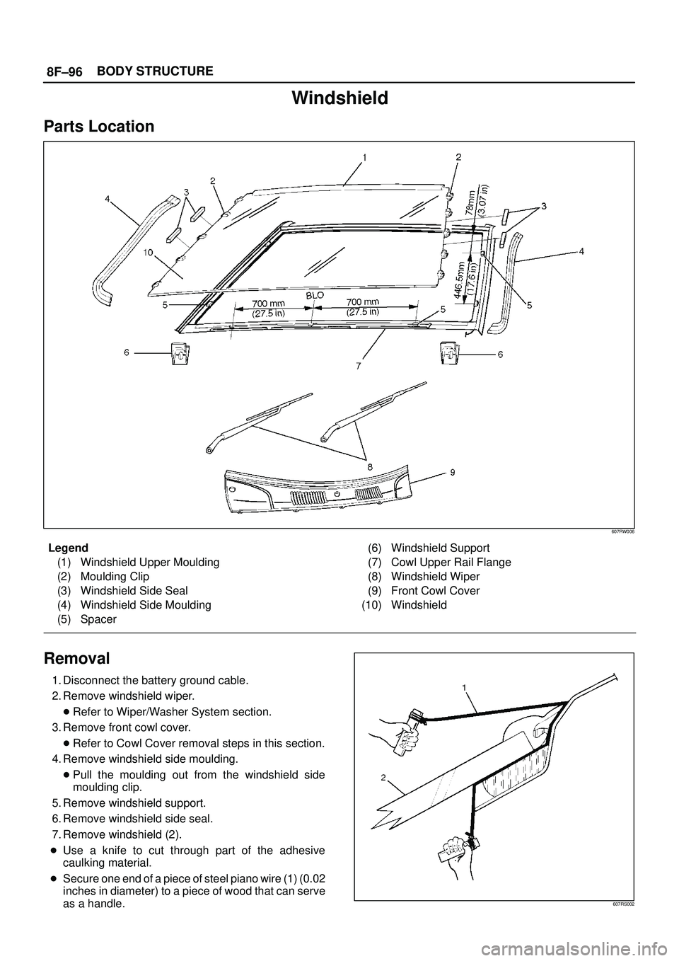 ISUZU TROOPER 1998  Service Repair Manual 8F±96BODY STRUCTURE
Windshield
Parts Location
607RW006
Legend
(1) Windshield Upper Moulding
(2) Moulding Clip
(3) Windshield Side Seal
(4) Windshield Side Moulding
(5) Spacer(6) Windshield Support
(7