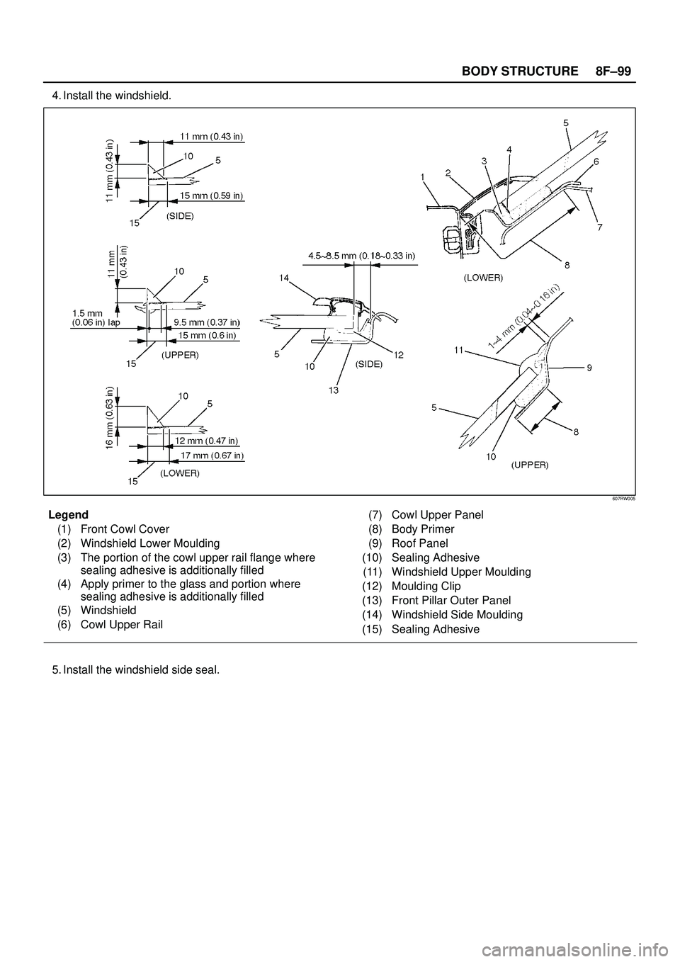 ISUZU TROOPER 1998  Service Repair Manual 8F±99 BODY STRUCTURE
4. Install the windshield.
607RW005
Legend
(1) Front Cowl Cover
(2) Windshield Lower Moulding
(3) The portion of the cowl upper rail flange where
sealing adhesive is additionally