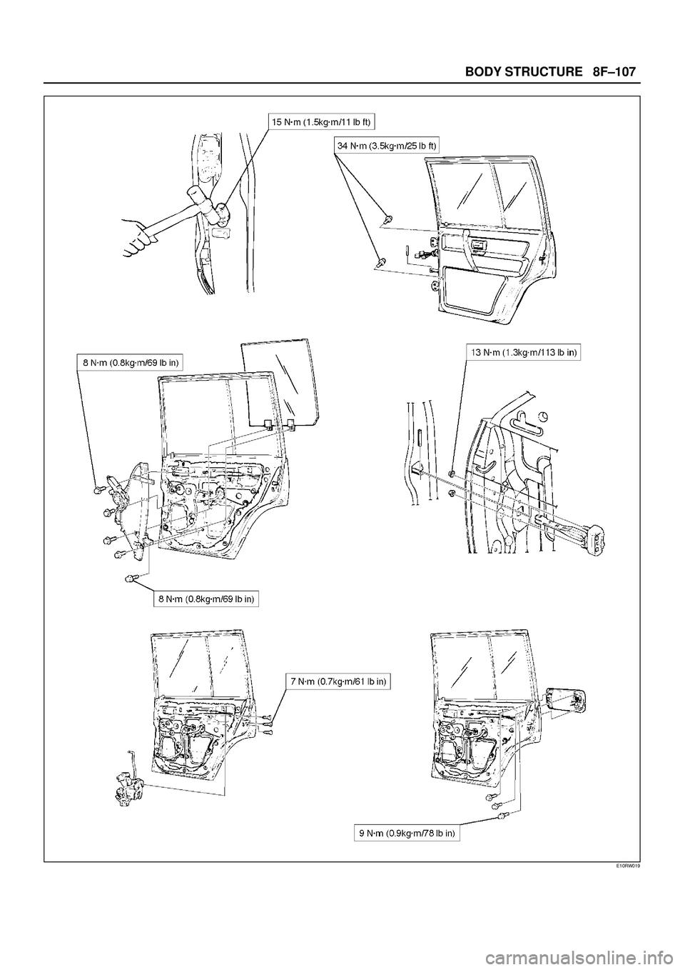 ISUZU TROOPER 1998  Service Repair Manual 8F±107 BODY STRUCTURE
E10RW019 