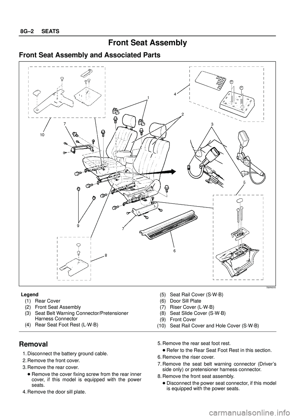 ISUZU TROOPER 1998  Service Repair Manual 8G±2SEATS
Front Seat Assembly
Front Seat Assembly and Associated Parts
750RX016
Legend
(1) Rear Cover
(2) Front Seat Assembly
(3) Seat Belt Warning Connector/Pretensioner
Harness Connector
(4) Rear S