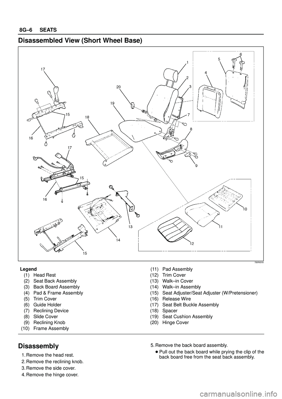 ISUZU TROOPER 1998  Service Repair Manual 8G±6SEATS
Disassembled View (Short Wheel Base)
750RX018
Legend
(1) Head Rest
(2) Seat Back Assembly
(3) Back Board Assembly
(4) Pad & Frame Assembly
(5) Trim Cover
(6) Guide Holder
(7) Reclining Devi