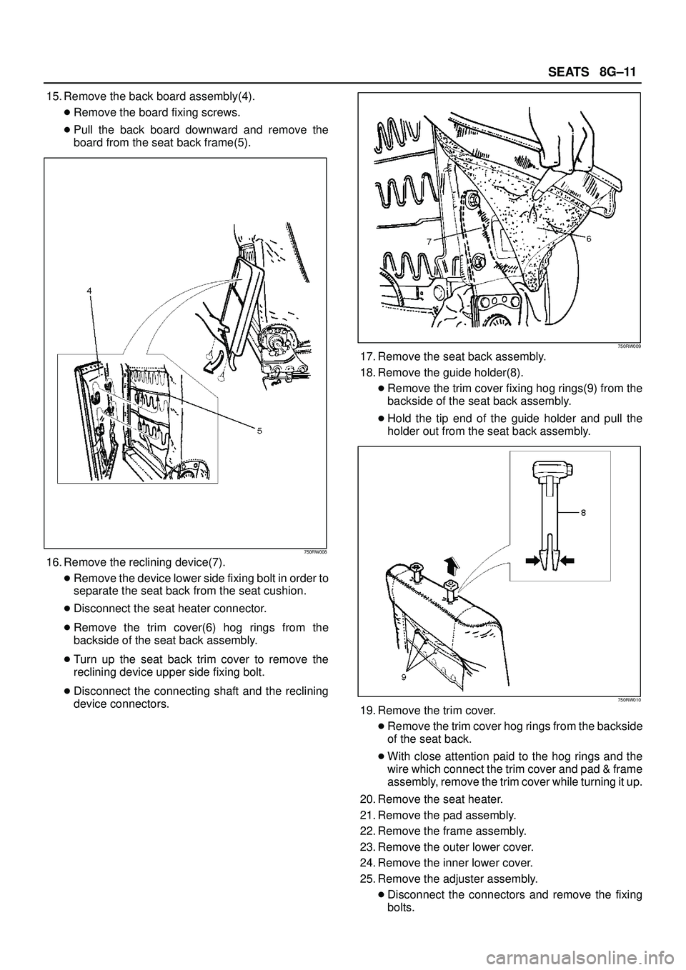 ISUZU TROOPER 1998  Service Repair Manual SEATS8G±11
15. Remove the back board assembly(4).
Remove the board fixing screws.
Pull the back board downward and remove the
board from the seat back frame(5).
750RW008
16. Remove the reclining de