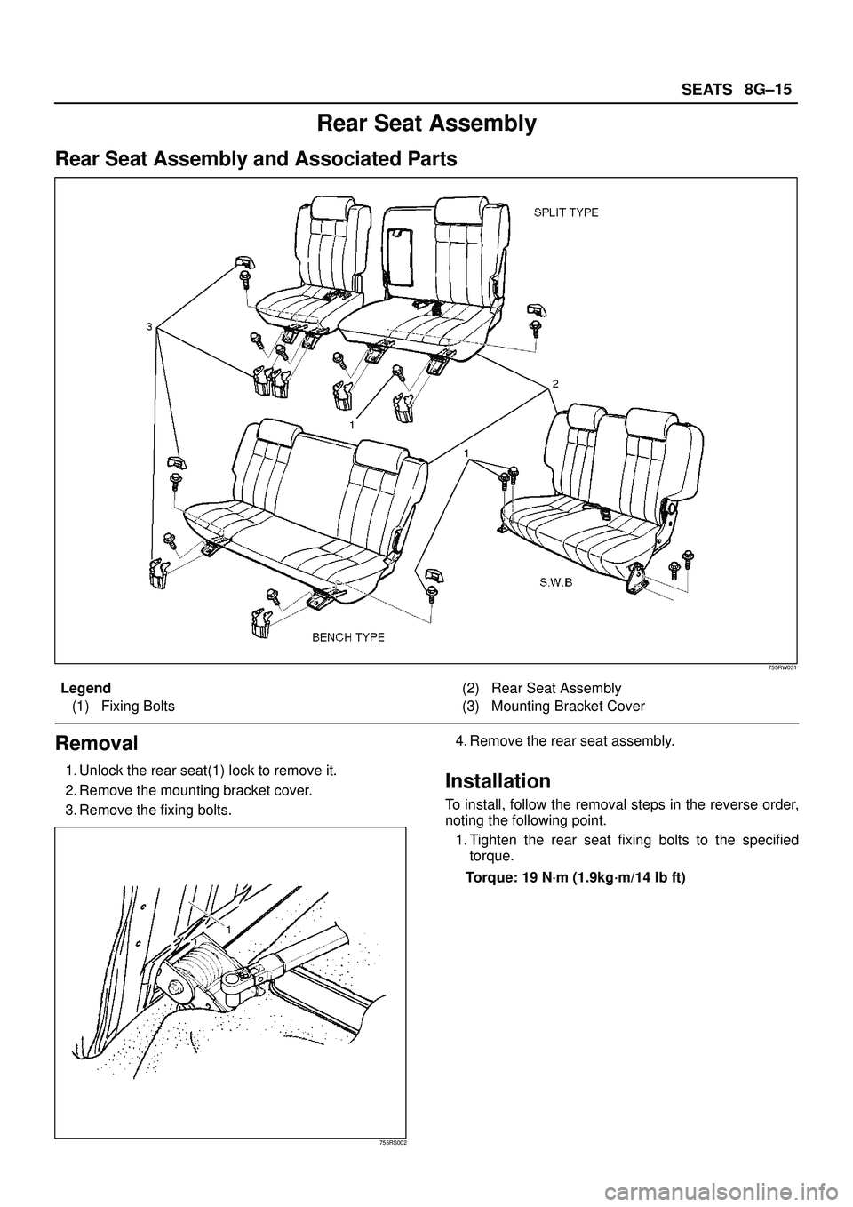ISUZU TROOPER 1998  Service Repair Manual SEATS8G±15
Rear Seat Assembly
Rear Seat Assembly and Associated Parts
755RW031
Legend
(1) Fixing Bolts(2) Rear Seat Assembly
(3) Mounting Bracket Cover
Removal
1. Unlock the rear seat(1) lock to remo