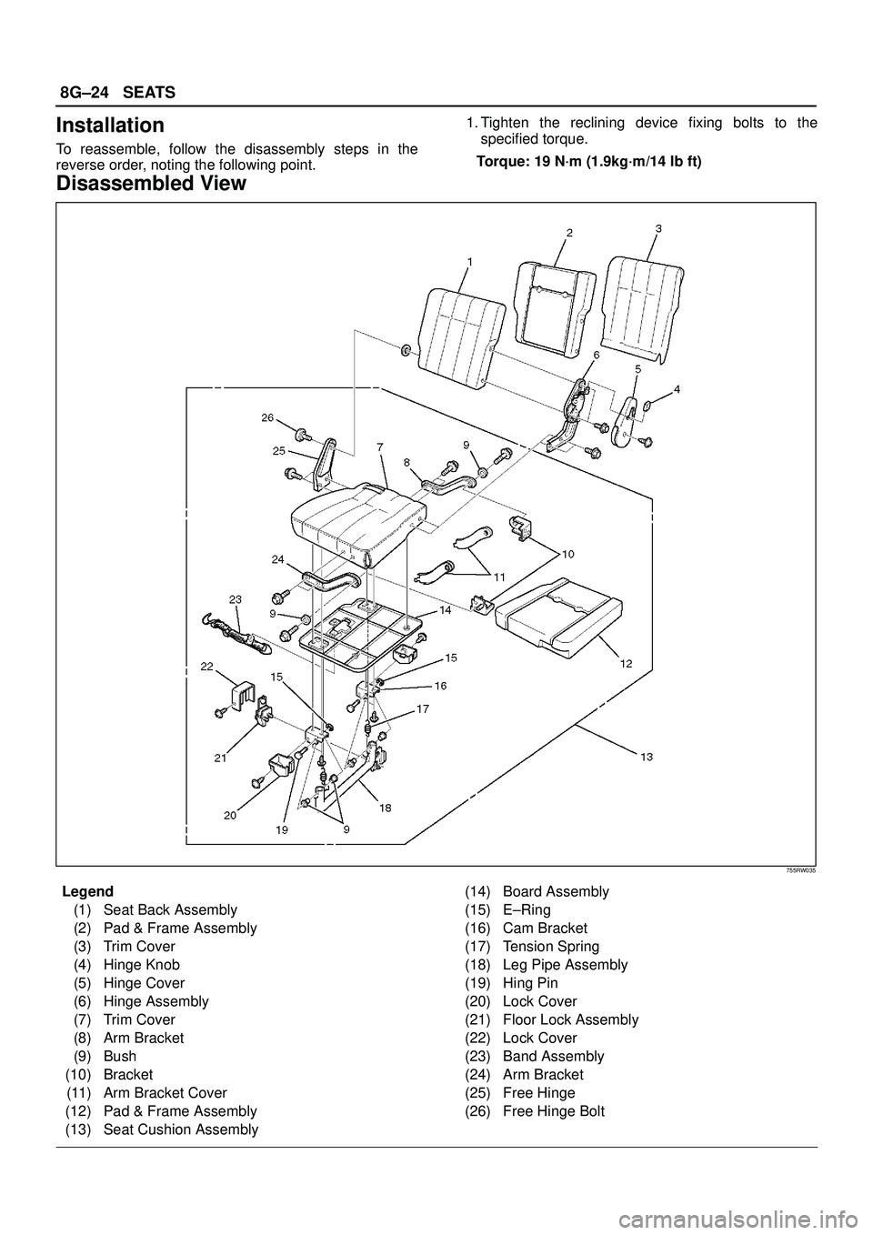 ISUZU TROOPER 1998  Service Repair Manual 8G±24SEATS
Installation
To reassemble, follow the disassembly steps in the
reverse order, noting the following point.1. Tighten the reclining device fixing bolts to the
specified torque.
Torque: 19 N