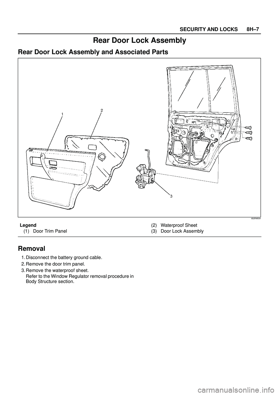 ISUZU TROOPER 1998  Service Repair Manual SECURITY AND LOCKS8H±7
Rear Door Lock Assembly
Rear Door Lock Assembly and Associated Parts
652RW004
Legend
(1) Door Trim Panel(2) Waterproof Sheet
(3) Door Lock Assembly
Removal
1. Disconnect the ba