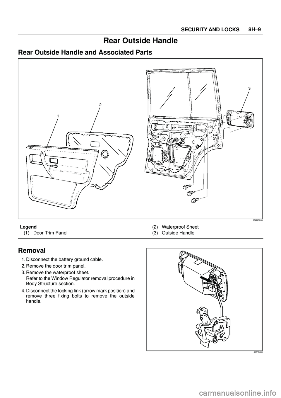 ISUZU TROOPER 1998  Service Repair Manual SECURITY AND LOCKS8H±9
Rear Outside Handle
Rear Outside Handle and Associated Parts
652RW003
Legend
(1) Door Trim Panel(2) Waterproof Sheet
(3) Outside Handle
Removal
1. Disconnect the battery ground
