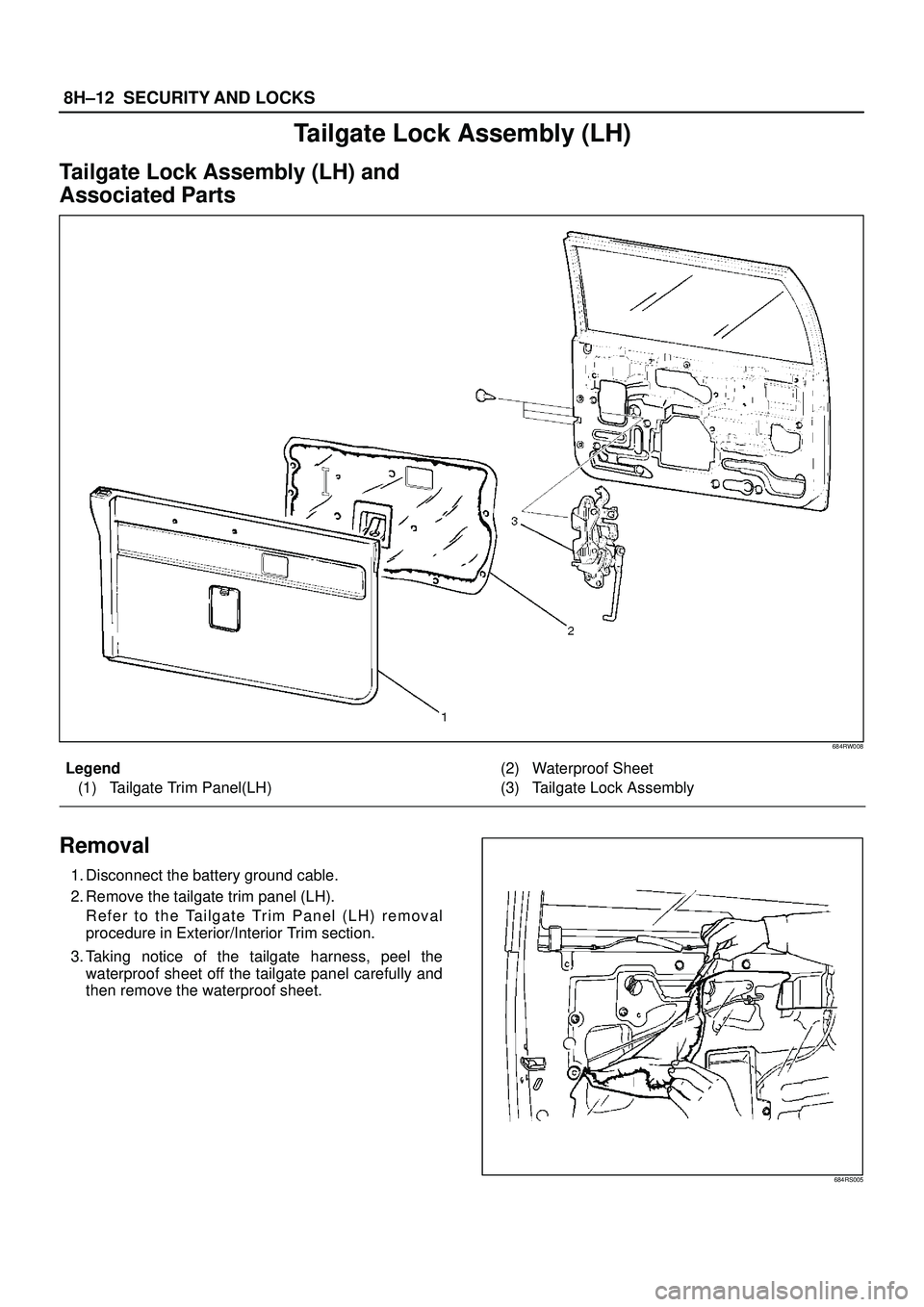 ISUZU TROOPER 1998  Service Repair Manual 8H±12SECURITY AND LOCKS
Tailgate Lock Assembly (LH)
Tailgate Lock Assembly (LH) and
Associated Parts
684RW008
Legend
(1) Tailgate Trim Panel(LH)(2) Waterproof Sheet
(3) Tailgate Lock Assembly
Removal