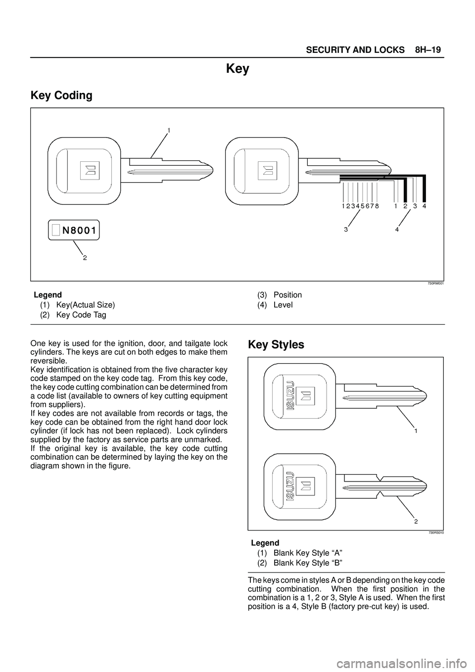 ISUZU TROOPER 1998  Service Repair Manual SECURITY AND LOCKS8H±19
Key
Key Coding
730RW001
Legend
(1) Key(Actual Size)
(2) Key Code Tag(3) Position
(4) Level
One key is used for the ignition, door, and tailgate lock
cylinders. The keys are cu