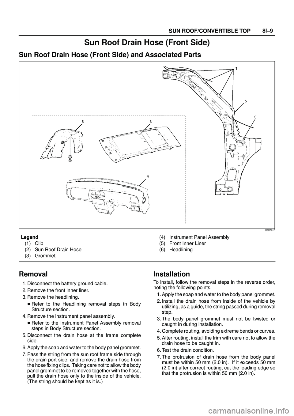 ISUZU TROOPER 1998  Service Repair Manual SUN ROOF/CONVERTIBLE TOP8I±9
Sun Roof Drain Hose (Front Side)
Sun Roof Drain Hose (Front Side) and Associated Parts
665RW017
Legend
(1) Clip
(2) Sun Roof Drain Hose
(3) Grommet(4) Instrument Panel As