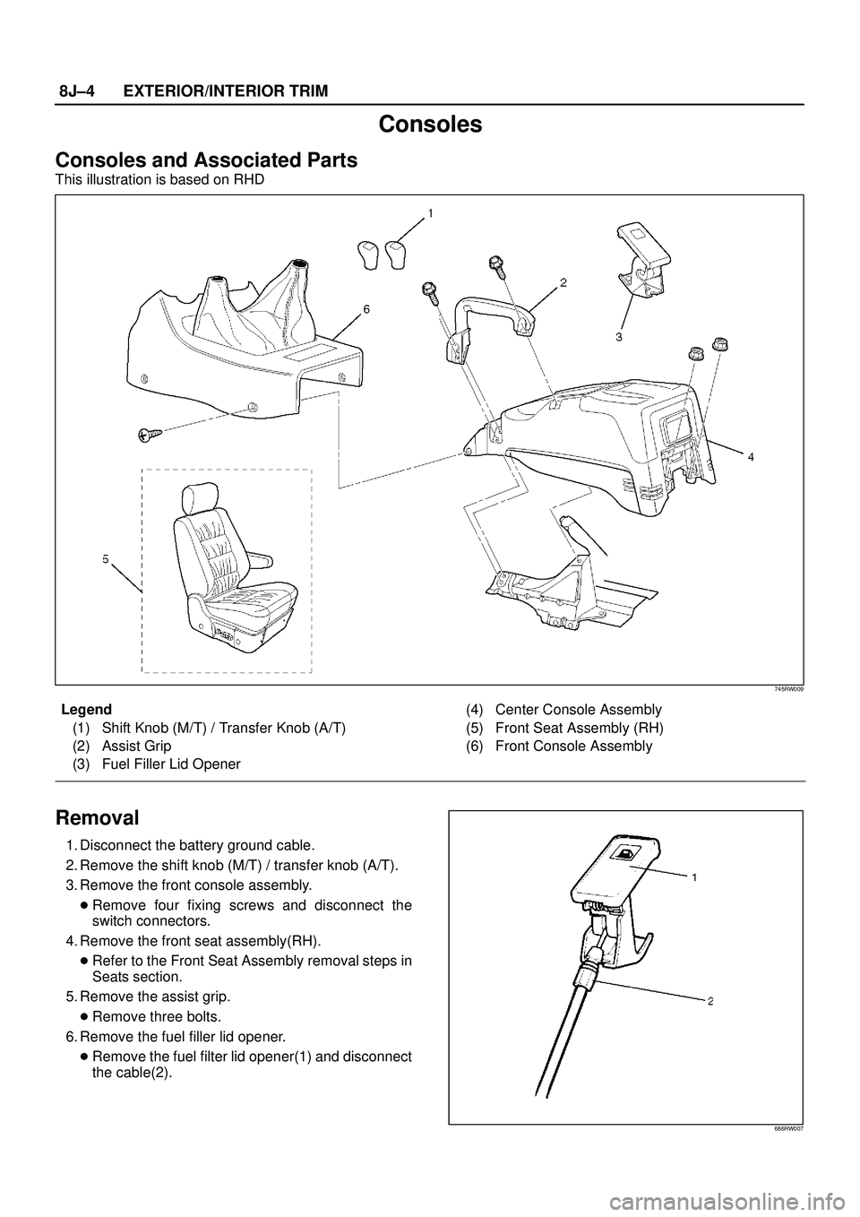 ISUZU TROOPER 1998  Service Repair Manual 8J±4EXTERIOR/INTERIOR TRIM
Consoles
Consoles and Associated Parts 
This illustration is based on RHD
745RW009
Legend
(1) Shift Knob (M/T) / Transfer Knob (A/T)
(2) Assist Grip
(3) Fuel Filler Lid Ope