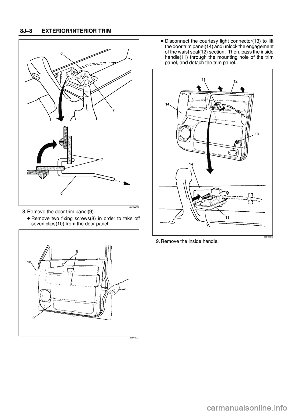 ISUZU TROOPER 1998  Service Repair Manual 8J±8EXTERIOR/INTERIOR TRIM
632RW001
8. Remove the door trim panel(9).
Remove two fixing screws(8) in order to take off
seven clips(10) from the door panel.
635RS007
Disconnect the courtesy light co