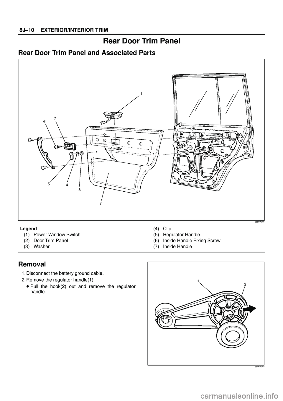 ISUZU TROOPER 1998  Service Repair Manual 8J±10EXTERIOR/INTERIOR TRIM
Rear Door Trim Panel
Rear Door Trim Panel and Associated Parts
655RW006
Legend
(1) Power Window Switch
(2) Door Trim Panel
(3) Washer(4) Clip
(5) Regulator Handle
(6) Insi