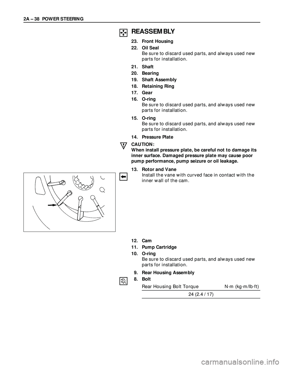 ISUZU TROOPER 1998 Service Repair Manual 2A – 38 POWER STEERING
REASSEMBLY
23. Front Housing
22. Oil Seal
Be sure to discard used parts, and always used new
parts for installation.
21. Shaft
20. Bearing
19. Shaft Assembly
18. Retaining Rin ISUZU TROOPER 1998 Service Repair Manual 2A – 38 POWER STEERING
REASSEMBLY
23. Front Housing
22. Oil Seal
Be sure to discard used parts, and always used new
parts for installation.
21. Shaft
20. Bearing
19. Shaft Assembly
18. Retaining Rin