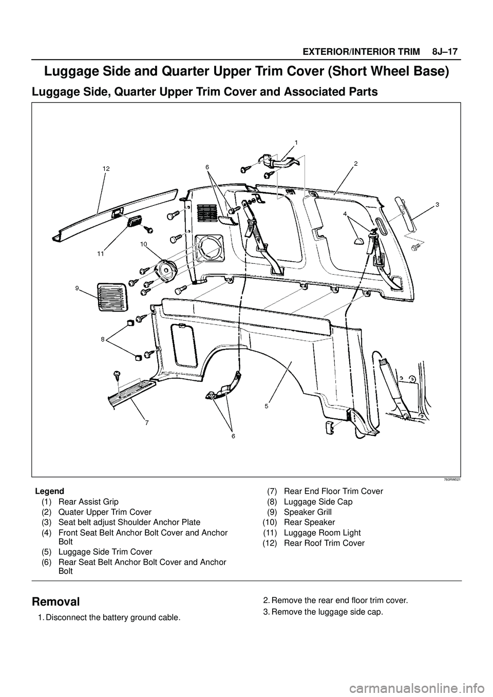 ISUZU TROOPER 1998  Service Repair Manual EXTERIOR/INTERIOR TRIM8J±17
Luggage Side and Quarter Upper Trim Cover (Short Wheel Base)
Luggage Side, Quarter Upper Trim Cover and Associated Parts
760RW021
Legend
(1) Rear Assist Grip
(2) Quater Up
