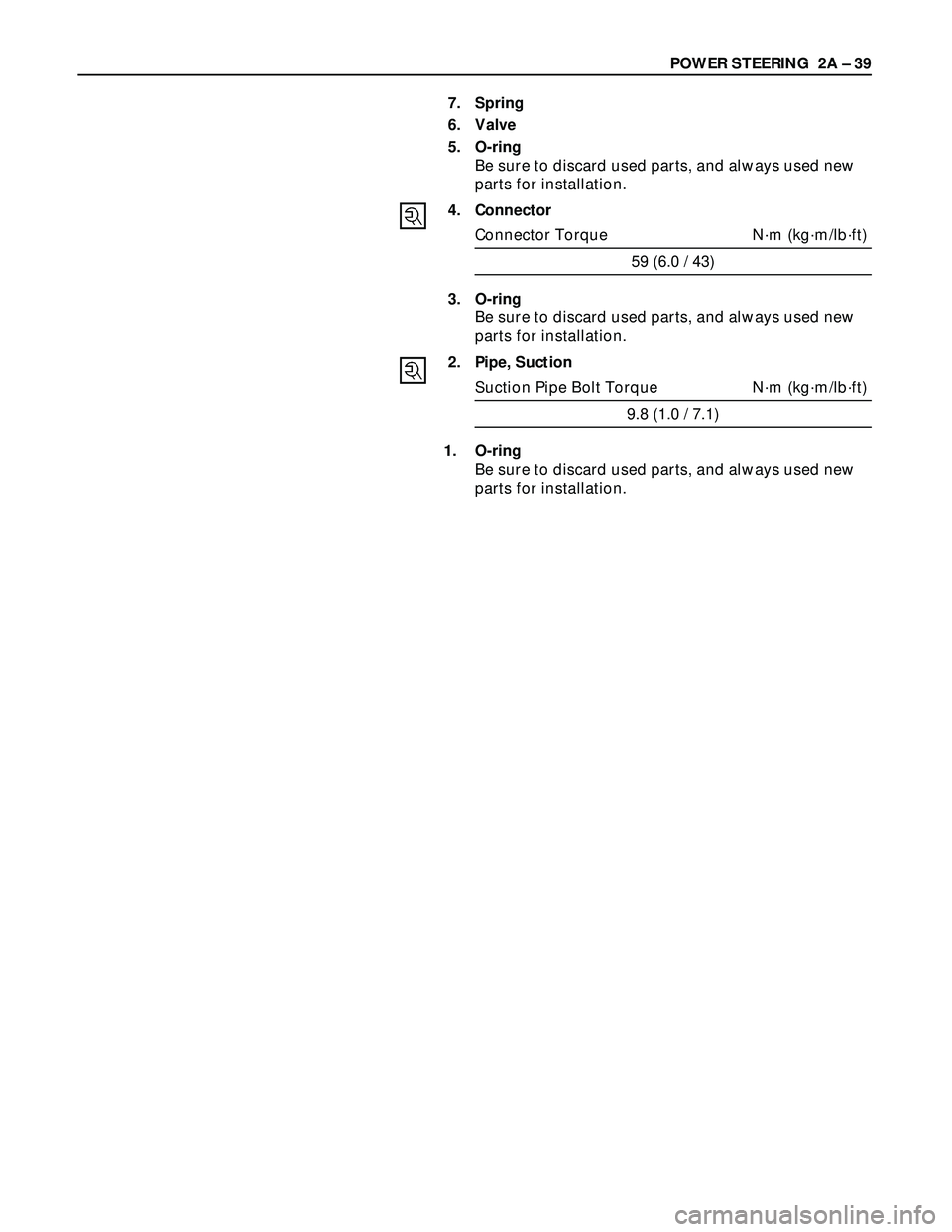 ISUZU TROOPER 1998  Service Repair Manual POWER STEERING  2A – 39
7. Spring
6. Valve
5. O-ring
Be sure to discard used parts, and always used new
parts for installation.
4. Connector
Connector Torque N·m (kg·m/lb·ft)
59 (6.0 / 43)
3. O-r