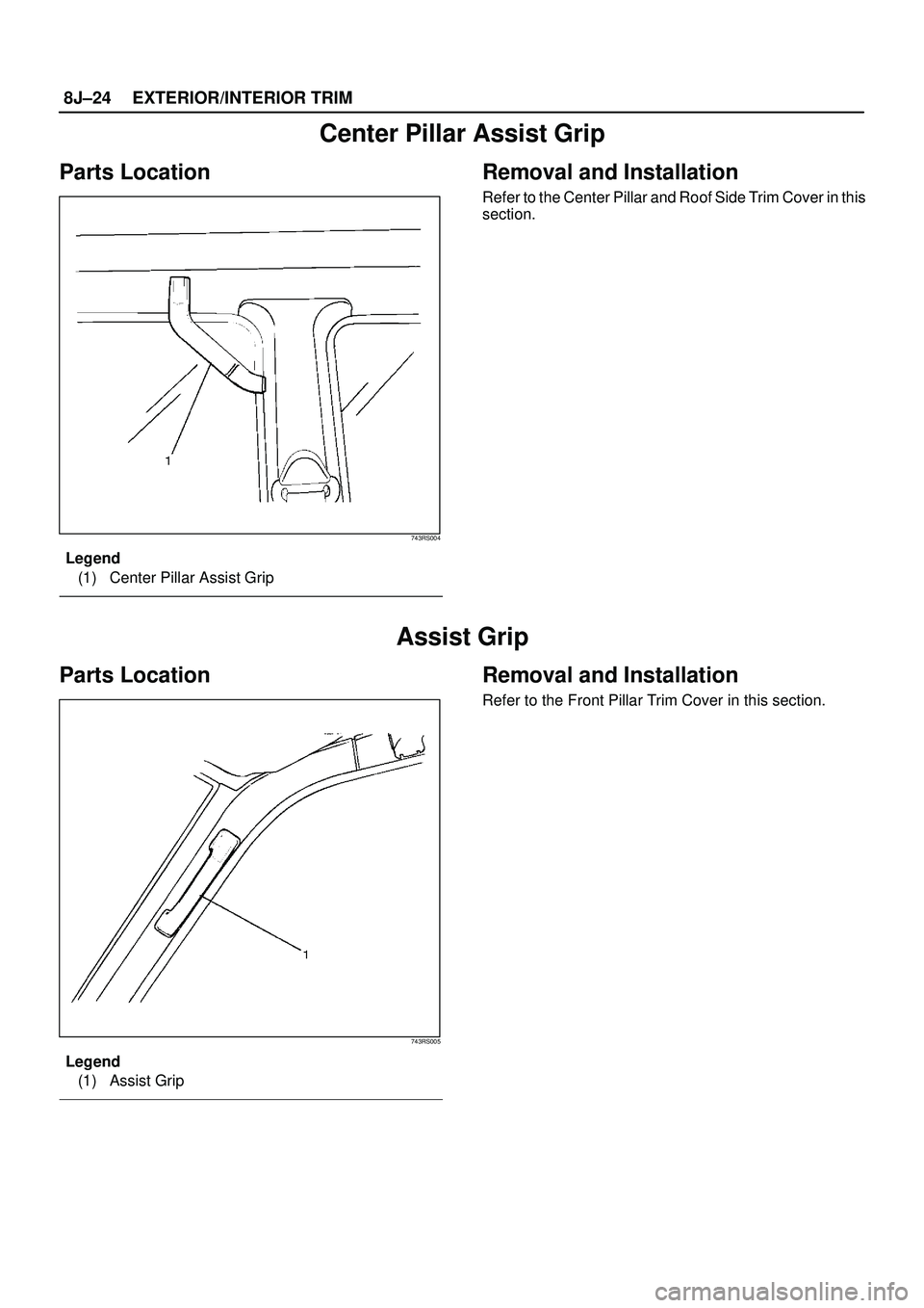 ISUZU TROOPER 1998  Service Repair Manual 8J±24EXTERIOR/INTERIOR TRIM
Center Pillar Assist Grip
Parts Location
743RS004
Legend
(1) Center Pillar Assist Grip
Removal and Installation
Refer to the Center Pillar and Roof Side Trim Cover in this