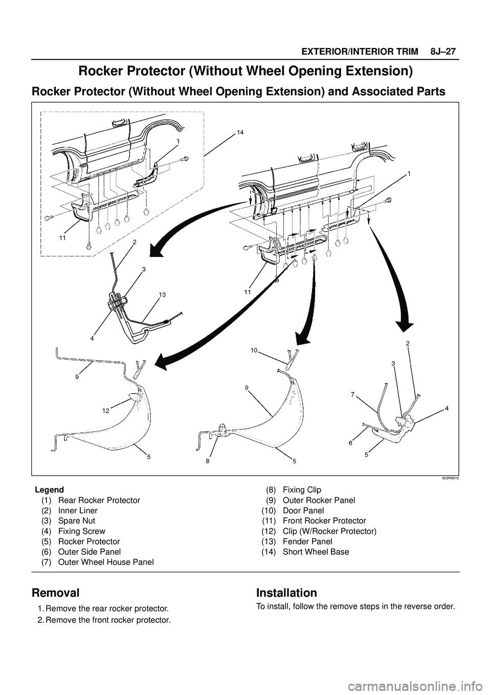 ISUZU TROOPER 1998  Service Repair Manual EXTERIOR/INTERIOR TRIM8J±27
Rocker Protector (Without Wheel Opening Extension)
Rocker Protector (Without Wheel Opening Extension) and Associated Parts
603RW015
Legend
(1) Rear Rocker Protector
(2) In