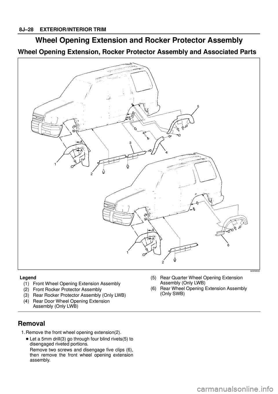 ISUZU TROOPER 1998  Service Repair Manual 8J±28EXTERIOR/INTERIOR TRIM
Wheel Opening Extension and Rocker Protector Assembly
Wheel Opening Extension, Rocker Protector Assembly and Associated Parts
620RW005
Legend
(1) Front Wheel Opening Exten